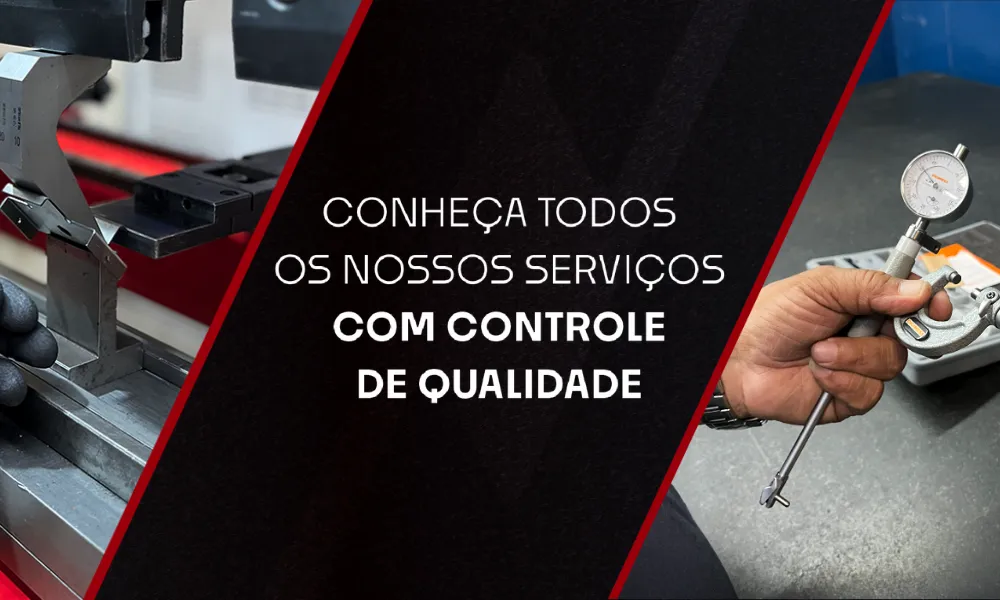 Linha de produção da ADOM Metalúrgica com equipamentos modernos para corte, dobra e acabamento de metais.
